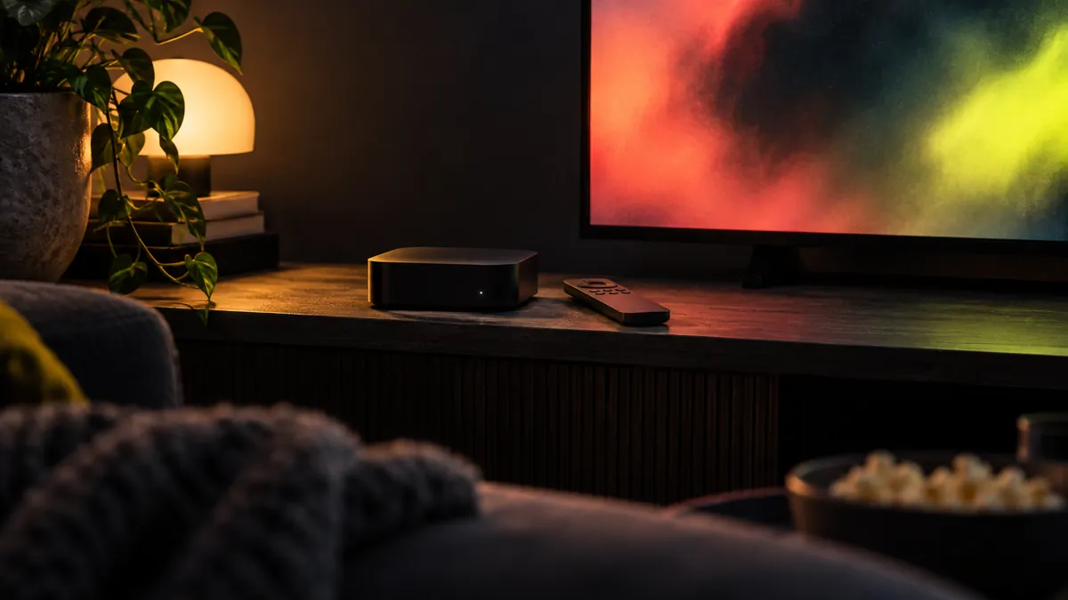 Apple TV 4K 2026 release date guide illustration: generic box, remote, and TV