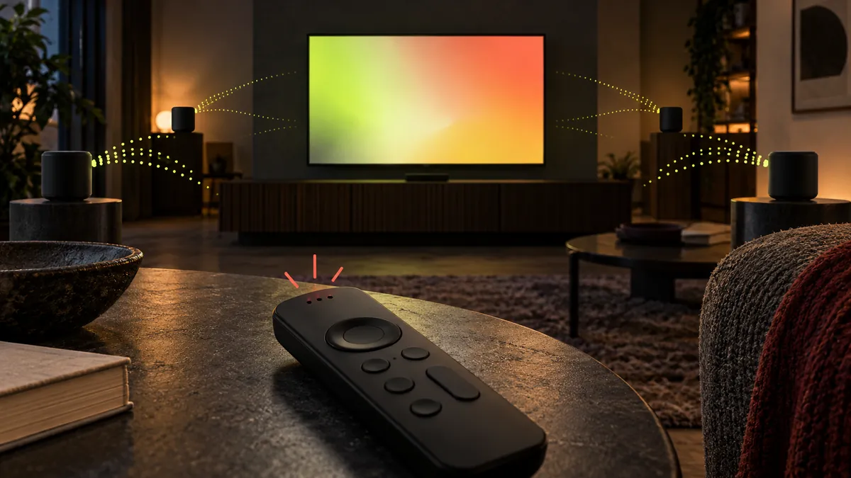 Editorial illustration showing a remote and four speakers around a television